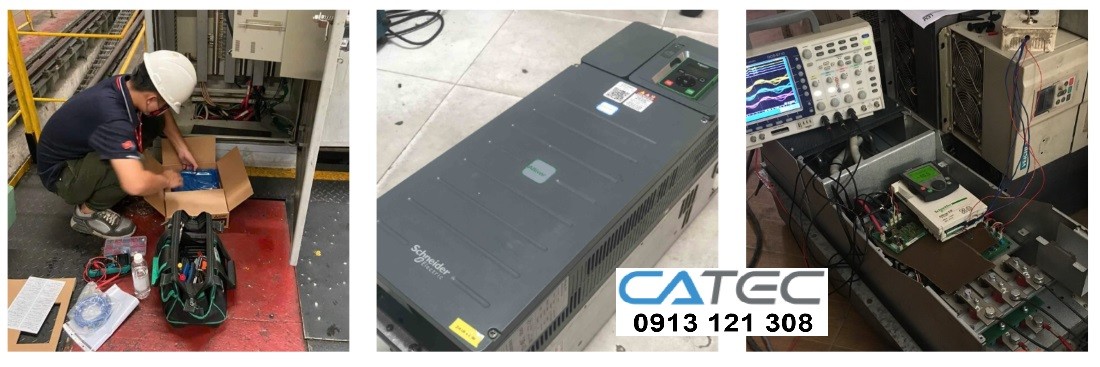 Hình ảnh thực tế Kỹ Sư của Catec sửa biến tần hãng Schneider (sửa biến tần Schneider hư Diode chỉnh lưu công suất, sửa biến tần Schneider hư IGBT, hư control board - hư power board, sửa chữa biến tần Schneider báo lỗi quá dòng-quá tải-nối đất...)
